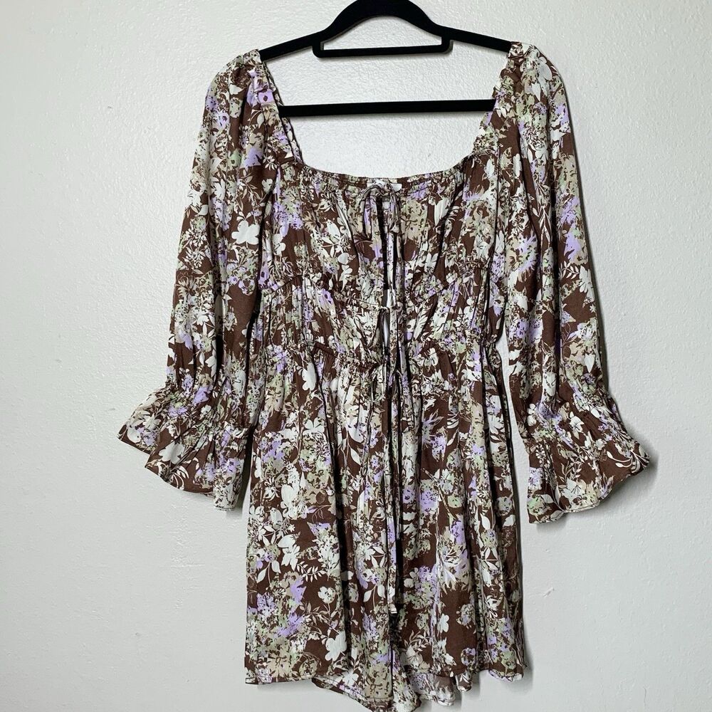 Storia Brown Floral Romper Small 3/4 Sleeves Ruffle Keyhole Neckline NWT
